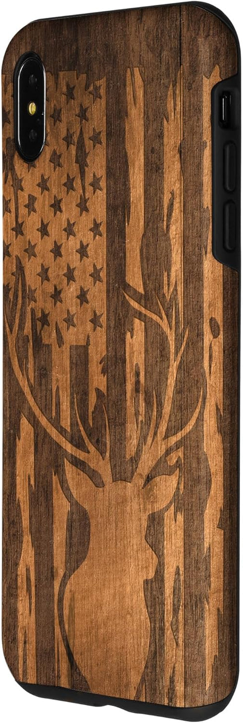 iPhone XS Max Deer Buck with Flag on Wood-like Background Case...