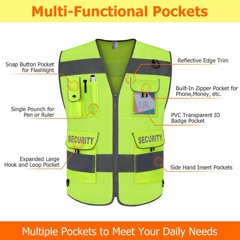TCCFCCT Mesh Security Vest for Men Women 9 Pockets High Visibility Reflective Safety Vest, Durable Hi Vis Construction Vest with Reinforced Sewing...
