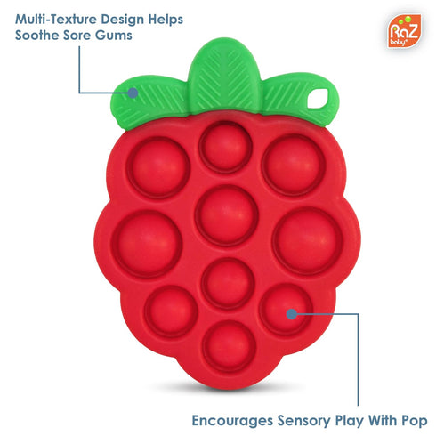 RaZbaby RaZberry Pop Teether for Babies 3 Months & Up - Natural Raspberry Shaped Designed with Soft BPA Free Silicone Poppers - Textured for Senso...