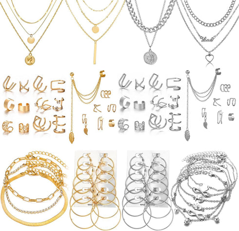 46 Pcs Gold Jewelry Set with 11Pcs Necklace, 11 Pcs anklet and 18 Pcs Earring Ear Cuff,6Hoop Earrings for Women Fashion Indie Costume Jewerly Pack...