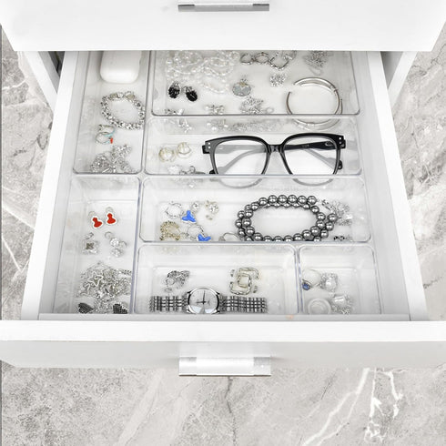 Drawer Organizers Set of 19, 4 Sizes Clear Plastic Drawer Organizers and Storage Bins for Kitchen, Bathroom, Office, Dresser Desk Drawer Organizer...