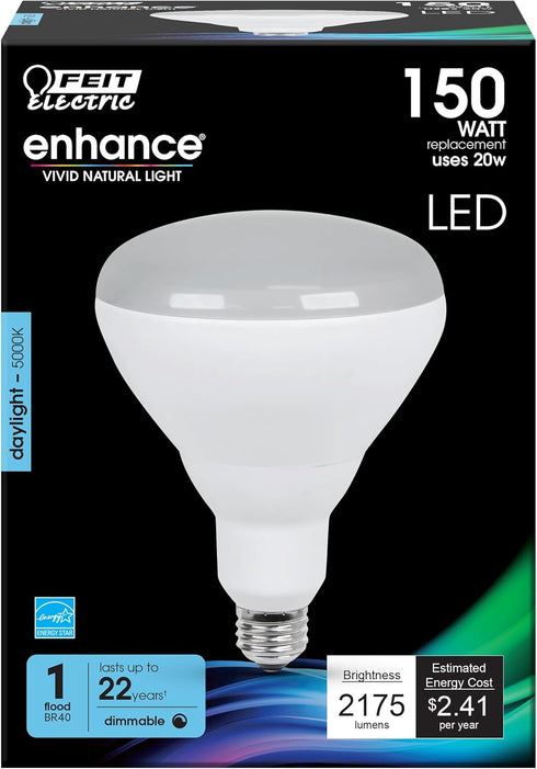 Feit Electric BR40 LED Light Bulb, 150W Equivalent, Dimmable, 2175 Lumens, E26 Medium Base, 5000K Daylight, 90 CRI, Flood Light Bulb for Recessed ...