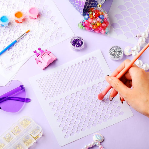 Chinco 5 Pieces Mermaid Scale Stencil, Mermaid Makeup Stencil Reusable Fish Scale Template Large Plastic Scale Wall Stencil for Painting on Face B...