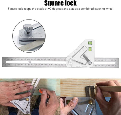 Combination Square with Bubble Level Silver Flexible Woodworking Triangle Ruler Carpentry Tools...