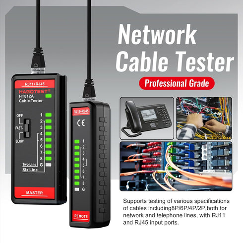 HT812A Network Cable Tester with RJ45 RJ11 Port, Ethernet Cable Tester, Ethernet Tester Tool Fast/Slow Gear, 60V Cable Telephone Line Continuity T...
