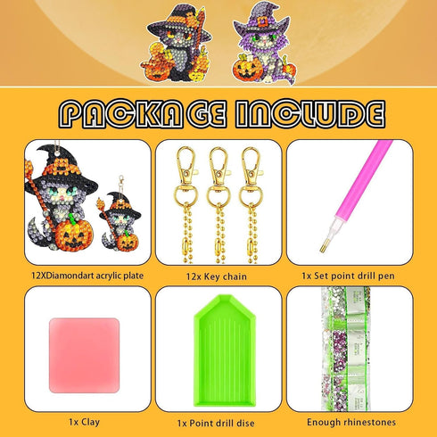 12 Pcs Halloween Cat Diamond Keychains Kit Double Sided DIY Cute Halloween Cat Diamond Keychains for Beginners Adults Art Craft Supplies Holiday G...