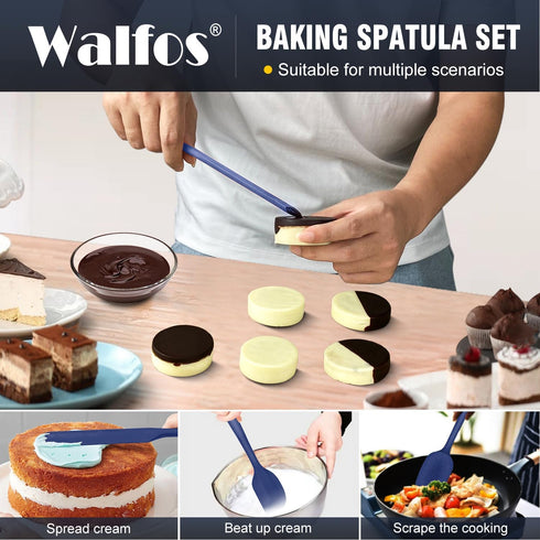 Walfos Silicone Spatula Set (5pcs) - 600? High Heat Resistant Kitchen Spoon Navy Blue Spatulas for Cooking Mixing & Baking, Strong Steel Core and ...