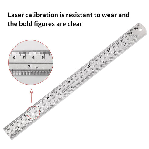 2PCS Stainless Steel Ruler Set,12 Inch Metal Scale Millimeter Ruler with Inches and Centimeters,Precision Measuring Tool for Drawing,Baking,for Sc...