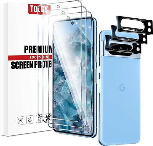 TQLGY 3 Pack Screen Protector for Google Pixel 8 Pro with 3 Pack Camera Lens Protector, 9H Tempered Glass Film, Fingerprint Unlock Compatible, Ult...