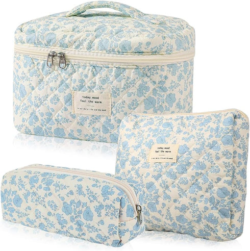 3 Pcs Cotton Quilted Makeup Bag Set, Floral Cotton Cosmetic Bag, Aesthetic Toiletry Travel Organizer Bag for Women...