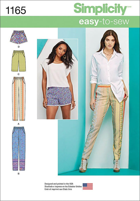 Simplicity Easy-to-Sew Pattern 1165 Misses Slim Pull-on Pants, Long, or Short Shorts Sizes 6-8-10-12-14...