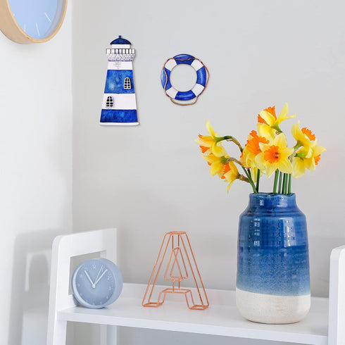Yookeer 4 Pcs Beach Coastal Wall Decor Ocean nautical Bathroom Decor Wood Lighthouse Ship Wheel Anchor Wall Art Signs for Beach Party Room Bathroo...
