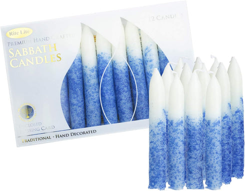 Rite Lite Blue & White Shabbat Candles Premium 12 Pack Traditional Dinner Table Jewish Household Shabbos Candles Religious Home Decor with Beautif...