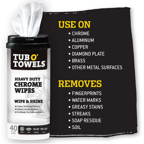 Tub O’ Towels Heavy Duty Chrome Wipes - Clean, Shine & Protect Chrome, Aluminum, Copper, and Brass Surfaces - Oil-Based Polishing Wipes - Resists ...
