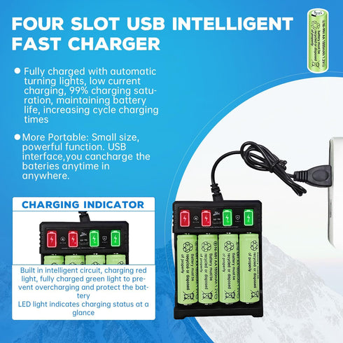 8PCS 1.2V 1800mAh Ni-MH AA Rechargeable Battery with 4 Slot USB Charger for Wireless Microphones, Electric Toys, Remote Mice, Calculators, Razors,...