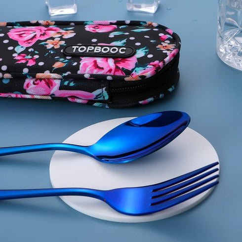 Travel Utensils,Reusable Silverware Set To Go Portable Cutlery Set with a Waterproof Carrying Case for Lunch Boxes Workplace Camping Picnic (Blue)...
