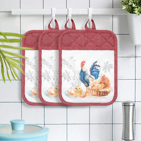 Pot Holders Set of 3 Silicone Printing Non Slip Heat Resistant, Yarm-Dyed Hot Pads Cotton Home Kitchen Cooking Barbecue Microwave Women Men Machin...