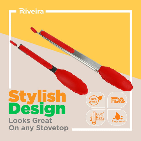 Riveira Red Tongs for Cooking with Silicone Tips | 9 and 12-Inch Pieces | Non-Stick Kitchen Grill Tongs | BBQ Tongs for Grill | 550°F High Heat-Re...
