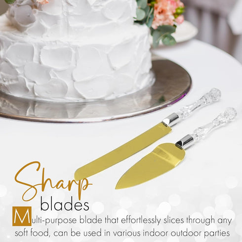 Cake Knife and Server Set, Cake Cutter and Pie Spatula, Gold Blade and Faux Crystal Handle Wedding Cake Cutting Set, Stainless Steel Gold Knife Se...