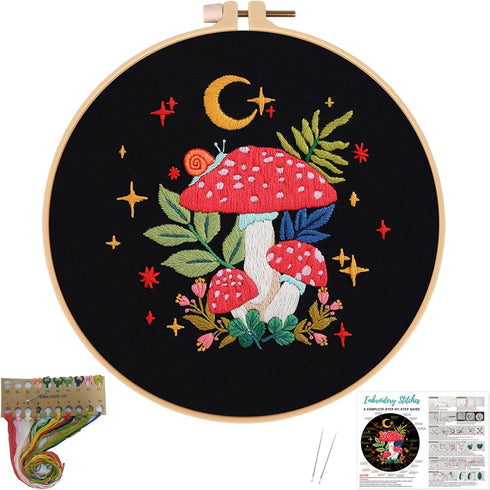 Nuberlic Mushroom Embroidery Kits for Beginner Adults Cross Stitch Kit with Stamped Pattern Include Embroidery Cloth Hoops Threads Needles...