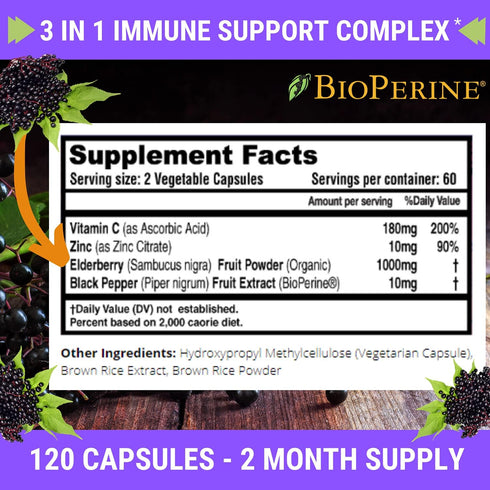 FRESH HEALTHCARE Elderberry Capsules - High Potency Black Elderberry with Zinc and Vitamin C - Premium Elderberry Vitamins for Adults - 3 in 1 Imm...