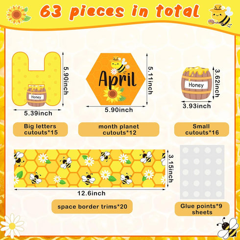 63 Pcs Bee Themed Birthday Bulletin Board Sets Paper Cutouts with Glue Point Bee Birthday Classroom Bulletin Board Display Bee Theme Birthday Char...