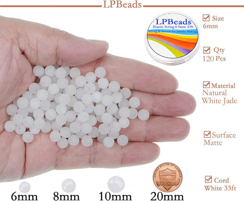 6mm Natural Matte White Jade Round Gemstone Frosted 120Pcs Bulk Loose Beads for Jewelry Making Bracelet with Stretch Beading Cord LPBeads...