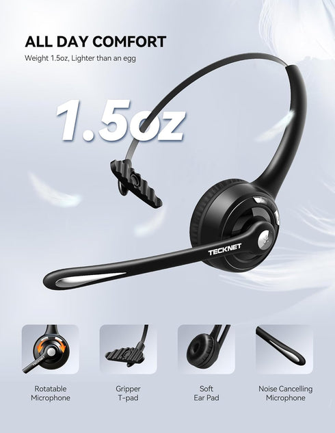 TECKNET Bluetooth Headset, Wireless Headset with Noise Canceling Microphone for Trucker, On-Ear Bluetooth Headset with Mute Mic for Work, Cellphon...