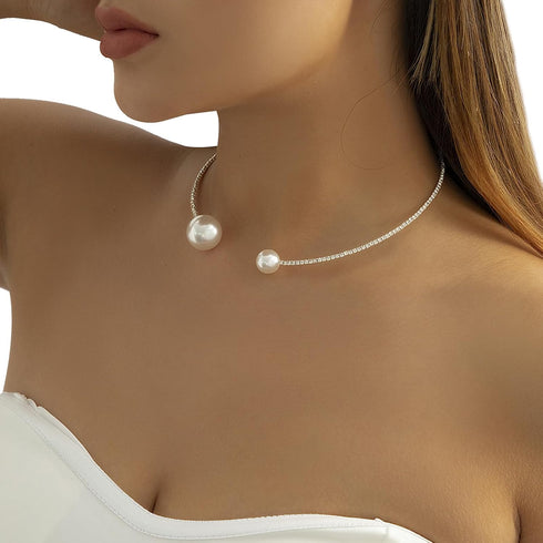 Elegant Metal Big Ball Collar Necklace Pearl Open Clavicle Chain Long Tassel Pearls Pendant Necklace Statement Beaded Link Chain Choker Necklace f...