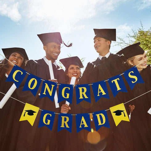 Congrats Grad Banner Blue and Gold Glitter Congratulations Graduation Banner, Congrats Grad Sign Decorations for Blue and Gold Congratulations Col...