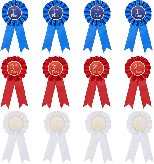 Award Ribbon Rosette Set Satin Participation Ribbon Honorable Ribbon Badge Blue Red and White Prize Ribbons 1st 2nd 3rd Place Medals for Classroom...