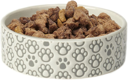 PetRageous 18428 Paws Shallow Round Stoneware Dog Bowl 5-Inch Width and 1.5-Inch Height 1.5-Cups Capacity, Grey...