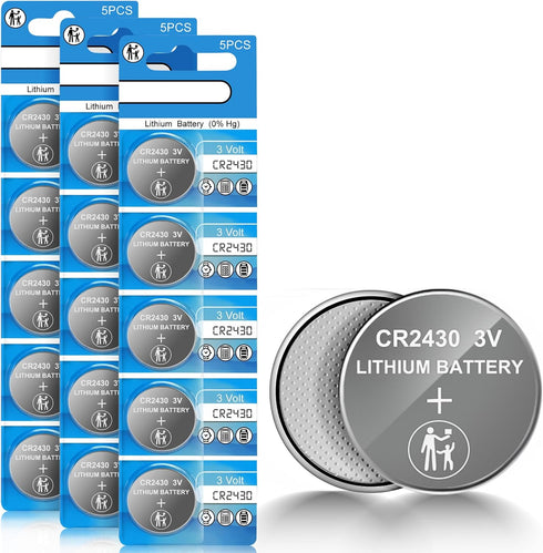 CR2430 Battery, 3V Lithium Coin Battery 15 Count Pack, CR 2430 3 Volt Button Cell Battery Replacement for Remote Controls, Car Key Fobs, Watches, ...