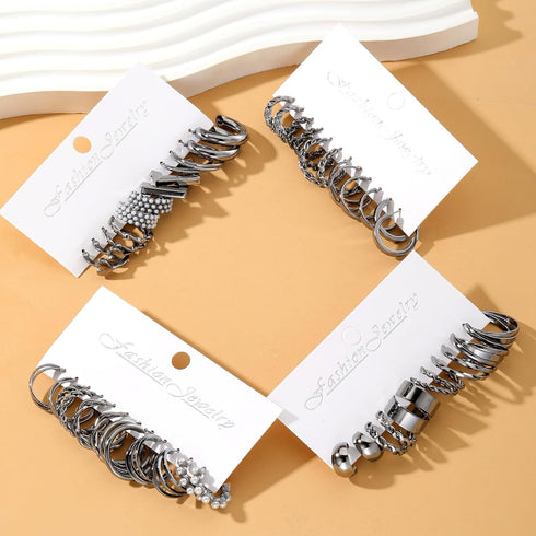 24 Pairs Black Silver Earring Set For Women, Chunky Earring Multipack Punk Trendy Big Small Stud Hoop Earring Lightweight Twisted Pearl Ear Pack F...