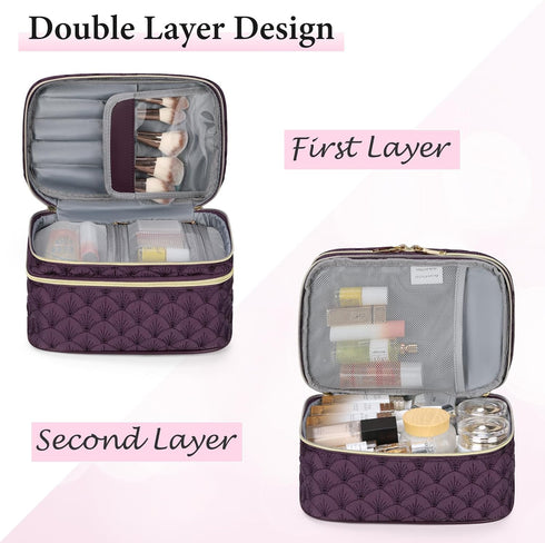 IGOLUMON Travel Makeup Bag Double Layer Make Up Bag Portable Large Cosmetic Bag Wide-open Toiletry Bag for Women Roomy Cosmetic Case Pouch Multifu...