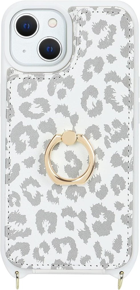 for iPhone 15 Case with Card Holder and Strap for Women,Crossbody Lanyard,Ring Stand,Snap Clasp,Cute Phone Wallet Cases 6.1 inch(White Leopard)......