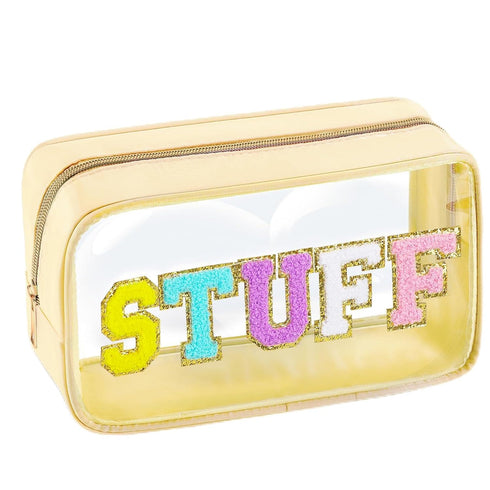 Chenille Letter Clear Makeup Bag Large Nylon Preppy Patch Stuff Cosmetic Bag with Zipper Travel Makeup Pouch Transparent PVC Waterproof Toiletry O...