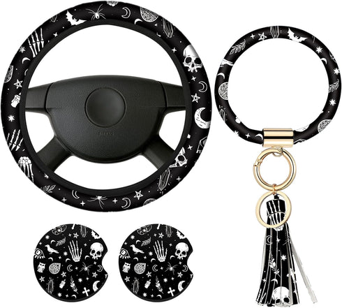 4 Pieces Black Moons White Stars Print Car Accessories Set Black Moons White Stars Steering Wheel Cover with 2 Pieces Car Cup Holder and Leather K...