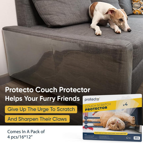 PROTECTO® 4-Pack Cat Anti Scratch Furniture Protector - 16"x12" Clear Pet Couch Protector Scratch Guard - Self-Adhesive Sofa Safe™ Design - Cat Sc...