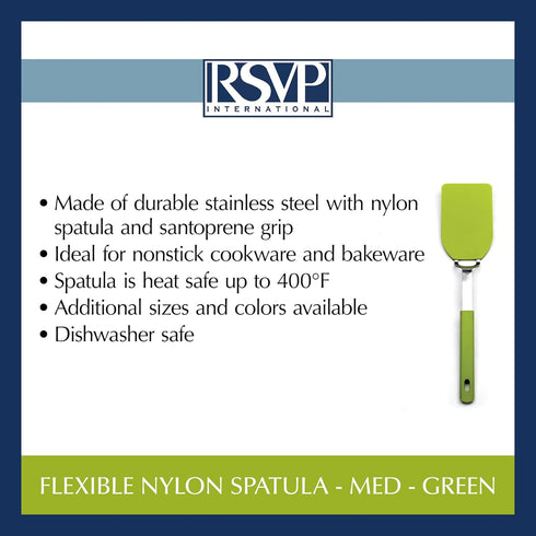 RSVP International Kitchen Tool Collection Flexible Nylon Spatula, Stainless Steel Handle, 12x2.75", Green...