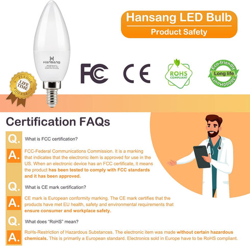 hansang 8 Pack E12 LED Candelabra Bulbs 3000K Warm White, B11 Ceiling Fan Light Bulbs Small Base, 6W 60Watt Equivalent, C37 Type B Light Bulb for ...