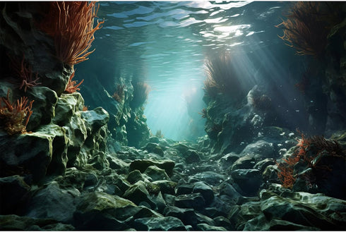 Aquarium Background Underwater Deep Blue Sea Rock Seaweed and Beautiful Sunlight Rays Terrarium Background Sandy Floor with Coral Aquarium Backdro...