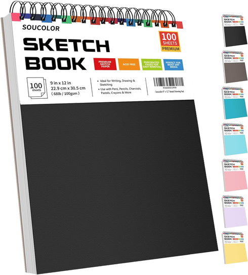 Soucolor 9" x 12" Sketch Book, 1-Pack 100 Sheets Spiral Bound Art Sketchbook, Acid Free (68lb/100gsm) Artist Drawing Book Paper Painting Sketching...