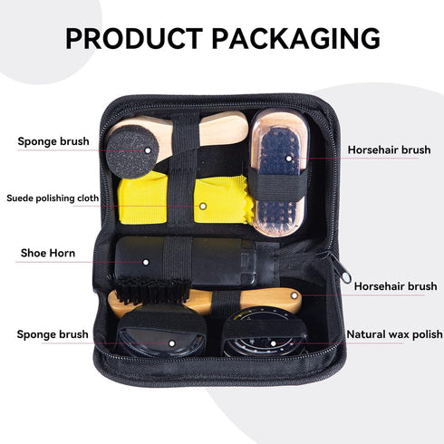 YUET Shoe Shine Cleaning Care Barrel Kit Set For Brown Black Leather With Polish Brush Travel Case Luxury Premium Soft Horsehair Bristle Dauber, W...