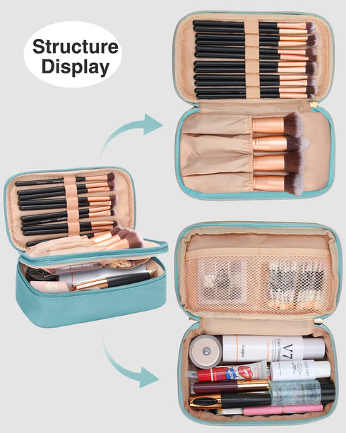 Relavel Small Makeup Bag, Travel Makeup Organizer, 2 layers Cosmetic Bag with Makeup Brush Holder, Compact Makeup Pouch for Women, Waterproof Toil...