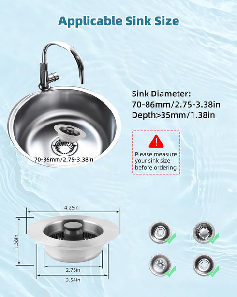 Hygie Rinse 3-in-1 Kitchen Sink Stopper Strainer, 2PCS 304 Stainless Steel Pop Up Sink Drain Strainer with Handle Rod for US Standard 3-1/2 inch D...