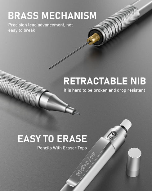 Nicpro 0.5 & 0.7 & 0.9 mm Metal Mechanical Pencil Set with Case, 6PCS MP1000 Artist Lead Pencil with 12 Tubes HB & 2B Lead Refills, Erasers For Ar...