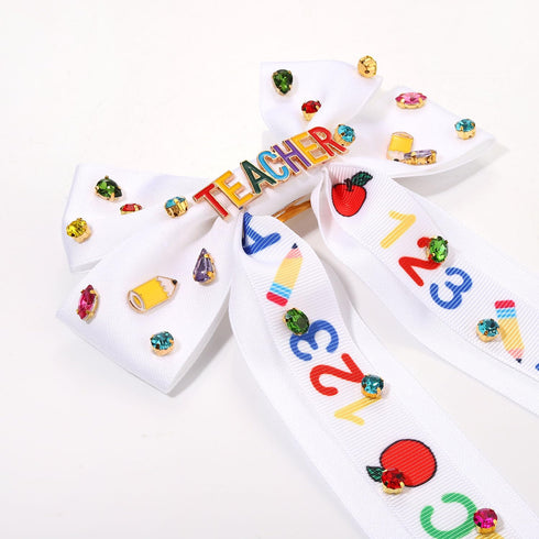 Teacher Hair Bows for Women Teacher ABC Pencil Hair Bow Clips Jeweled Satin Ribbon Bow Barrette Hair Clip Back to School Accessories Teacher Appre...
