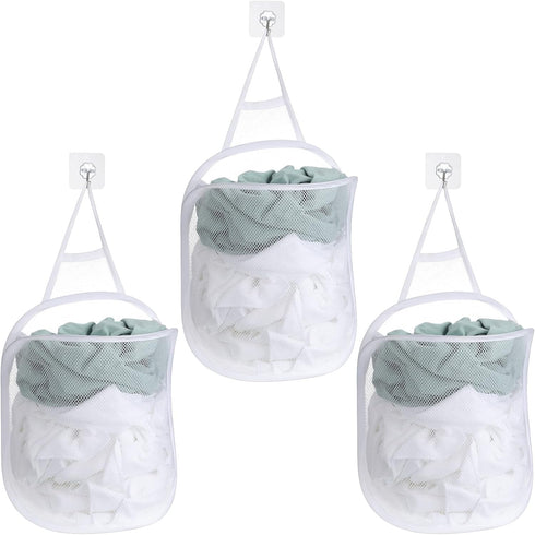 3 Pieces Hanging Laundry Hamper Laundry Bag to Hang Foldable Mesh Hamper Dirty Cloth Basket with Carry Handle Door Net for Store Cloth, Toy, Campi...