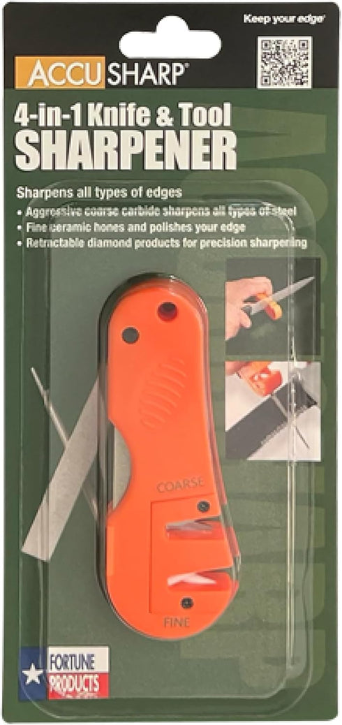 AccuSharp 4-in-1 Knife & Tool Sharpener, Coarse Tungsten Carbide Sharpening Blade & Ceramic Rod with Retractable Diamond-Tapered Rod for Knives, F...